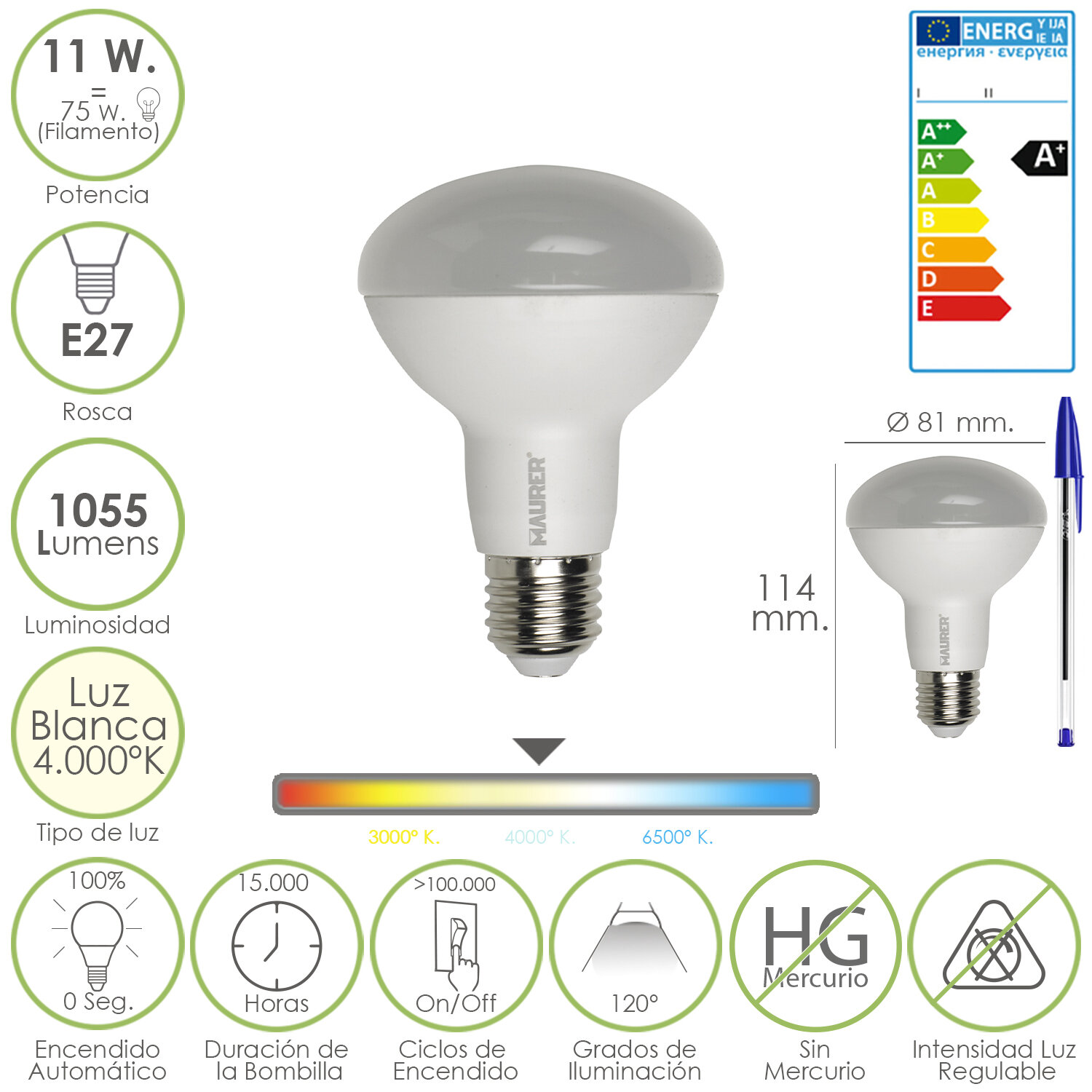 Bombilla Led Standar Rosca E27 (Gorda) 11 Watt. Equivale a 75 Watt. 1055 Lumenes. Luz Blanca (4.000� K) A+