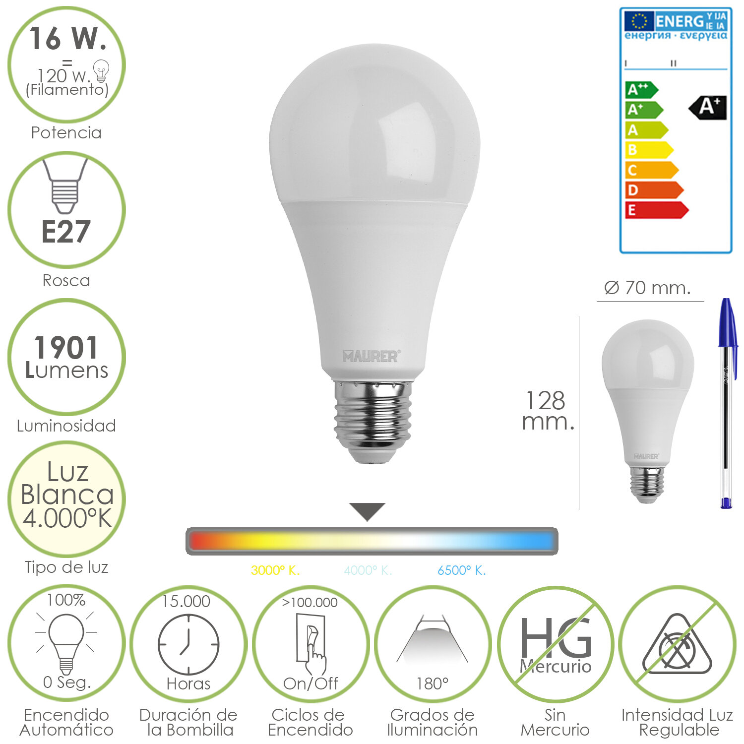 Bombilla Led Standar Rosca E27 (Gorda) 16 Watt. Equivale a 120 Watt. 1901 Lumenes. Luz Blanca (4.000� K) A+