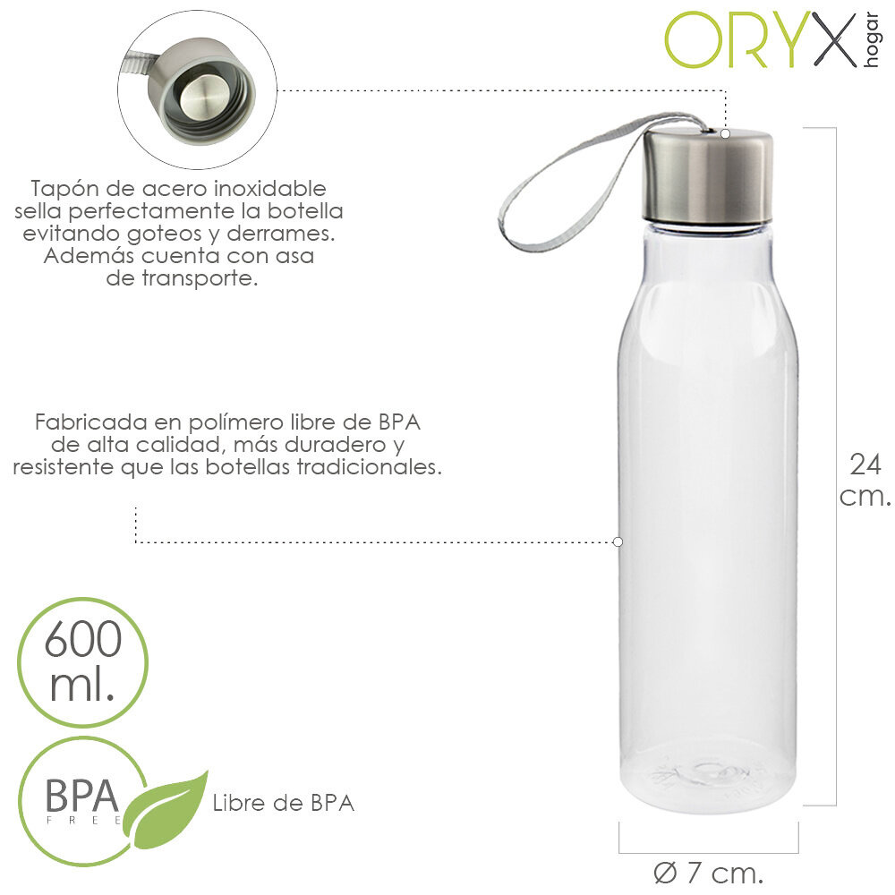 Botella Agua Fabricada En Cristal Con Funda De Goma y Tapon Antigotas, 500ml, Libre de BPA