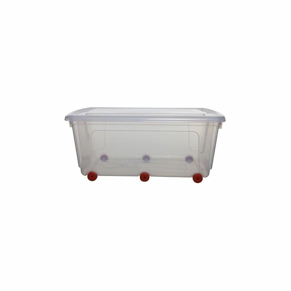 Caja de almacenamiento de plástico con ruedas y tapa apilable transparente 70 l