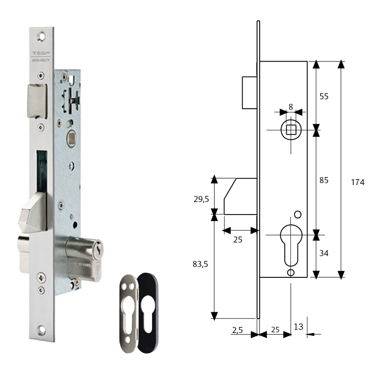 Cerradura Tesa 2210/25/3NI Con Escudo de Seguridad E190 Con Sistema Antipalanqueta