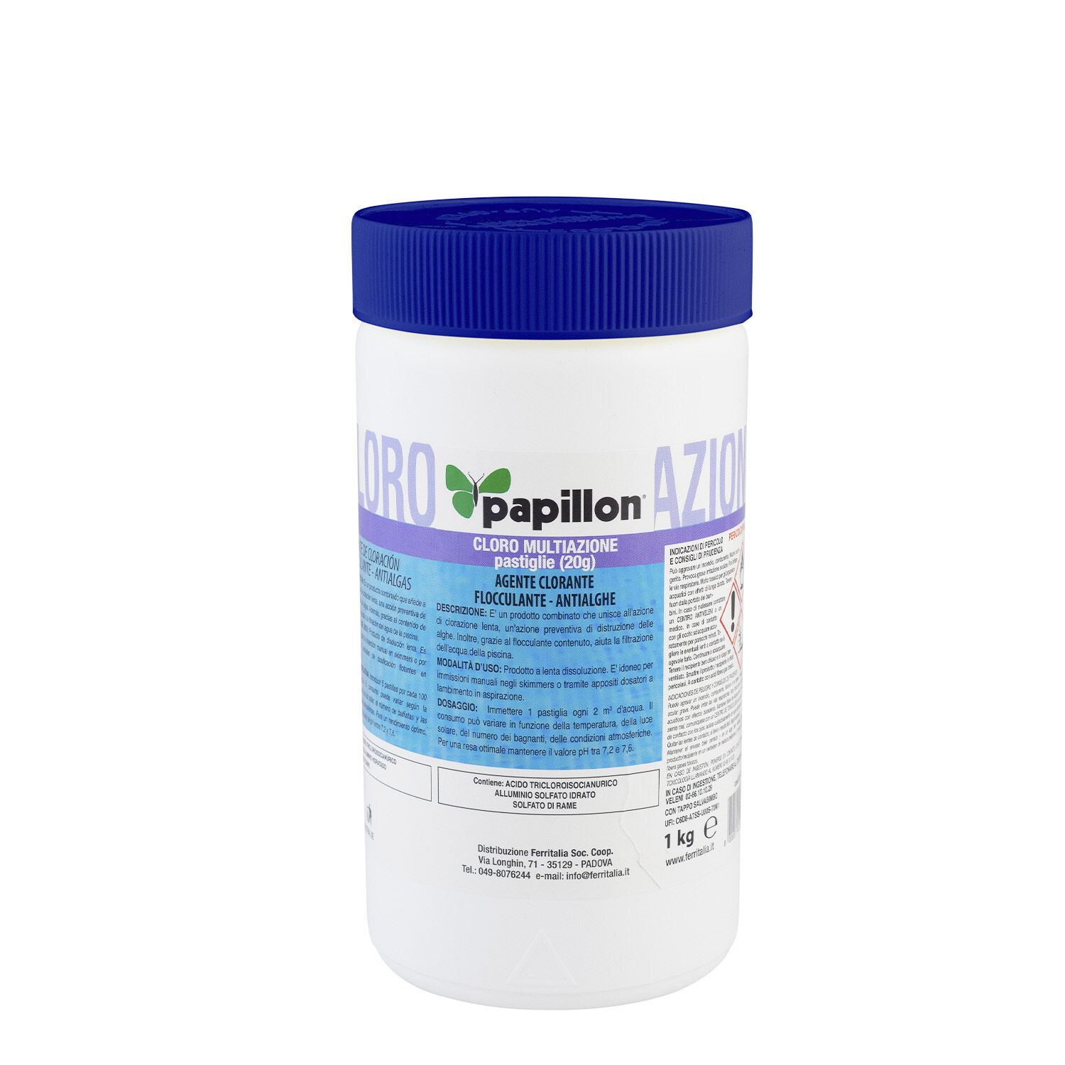 Cloro Multiaccion Para Piscinas Pastillas 20 gramos. Envase 1 Kg. (Cloracion, Floculacion, Alguicida)