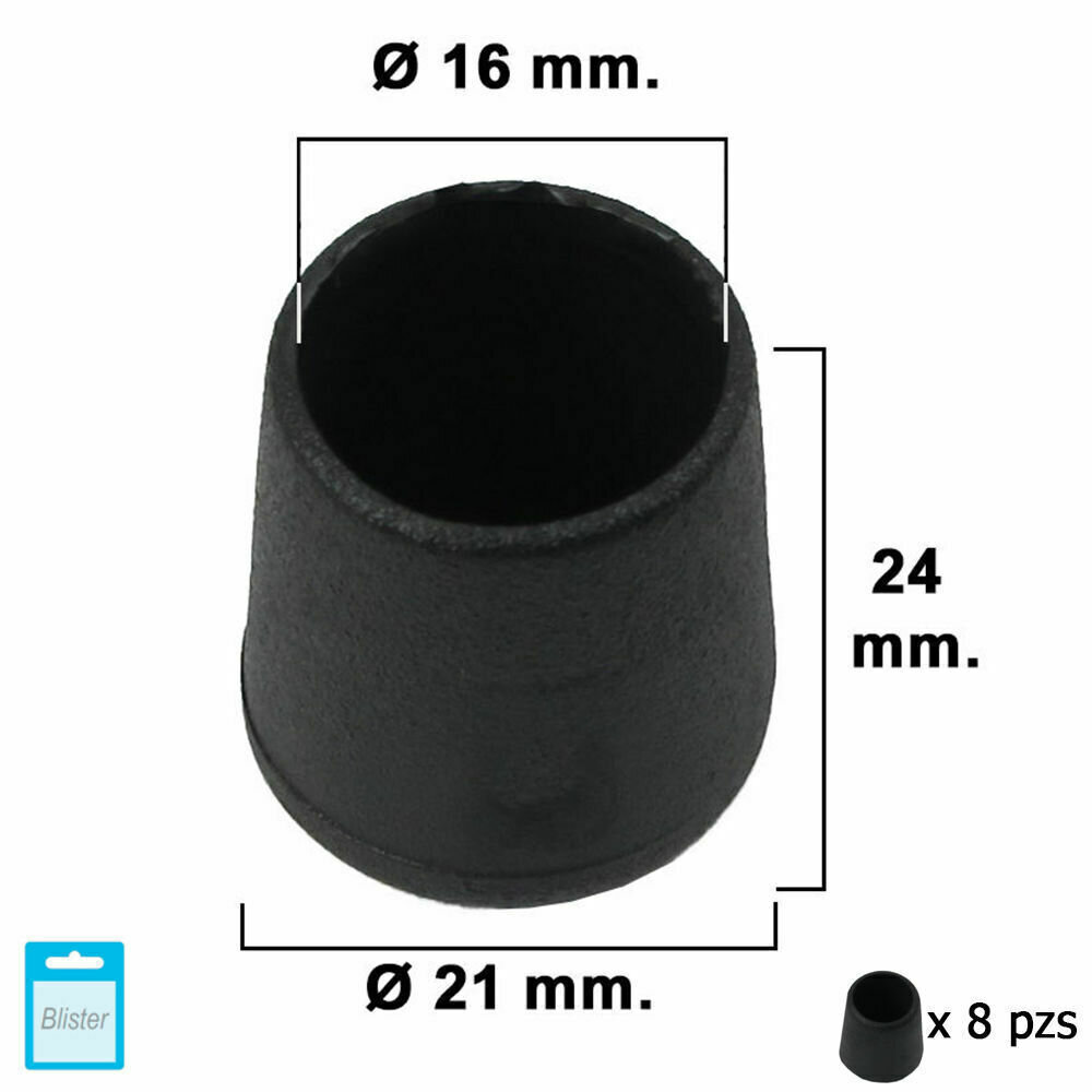 Contera C�nica Negra 16mm. Blister 8 piezas.
