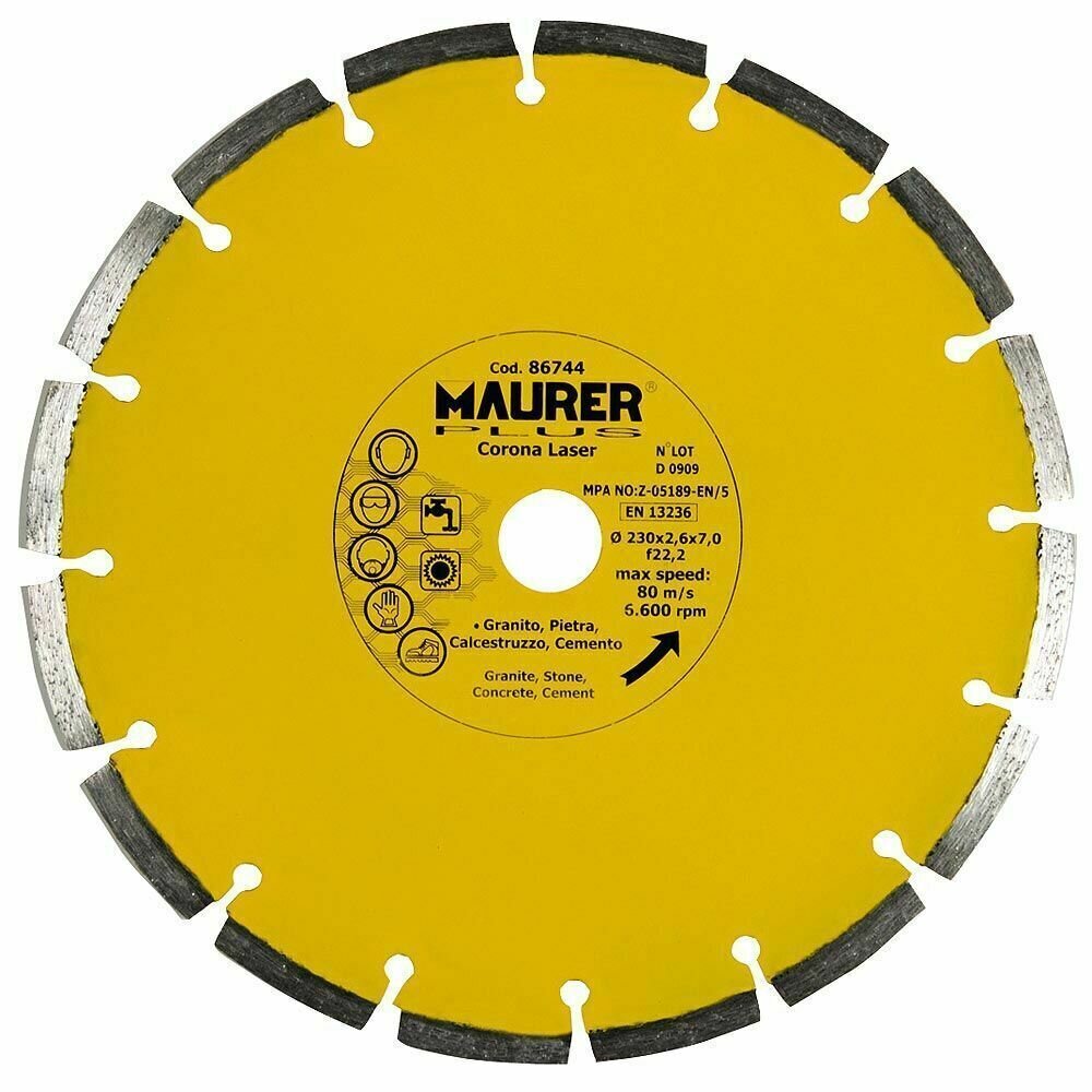 Disco Diamante Maurer Segmentado Laser Hormig�n, Piedra, Granito 230 mm.