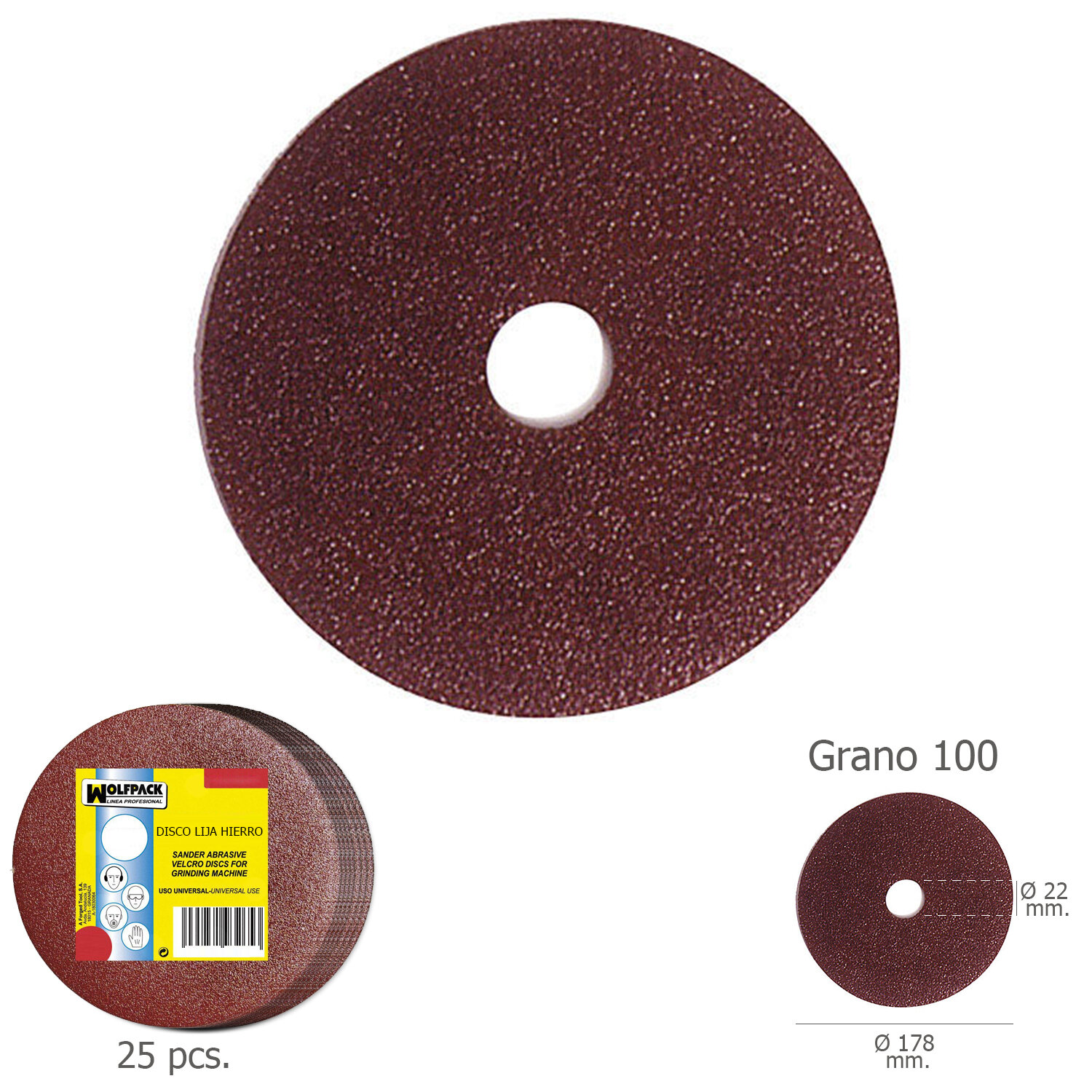 Disco Lija Hierro 178x22 mm. Grano 100 (Paquete de 25 unidades)