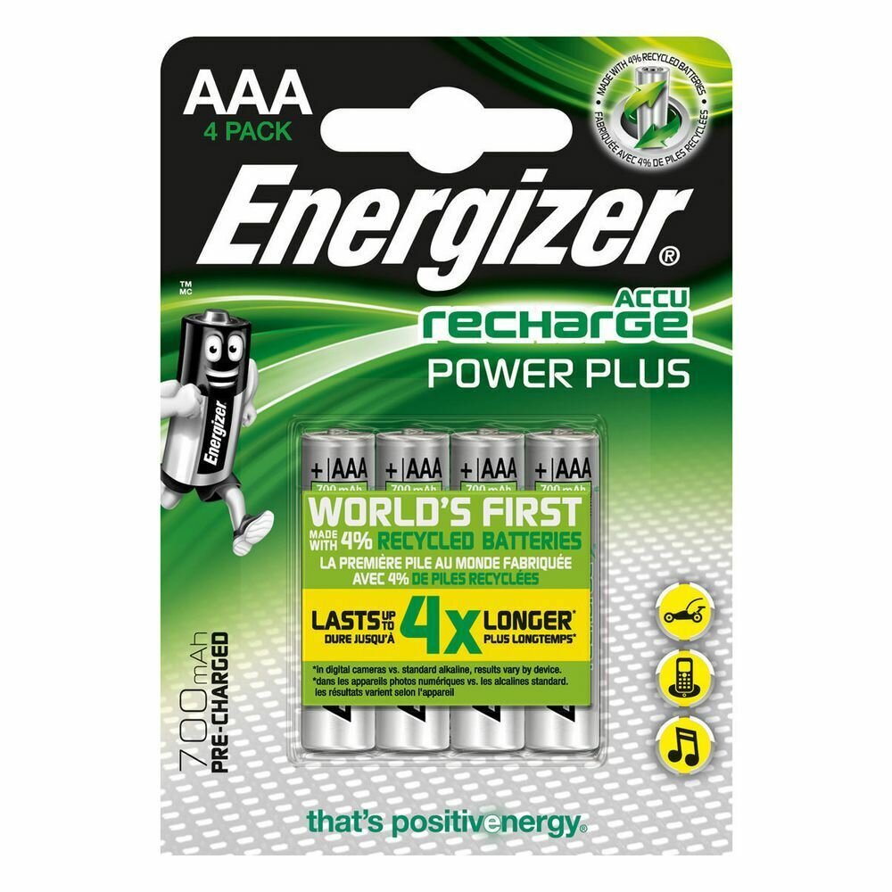 Energizer Recharge Power Plus Pilas precargadas AAA/NH12, 700 mAh, recargables, blíster de 4