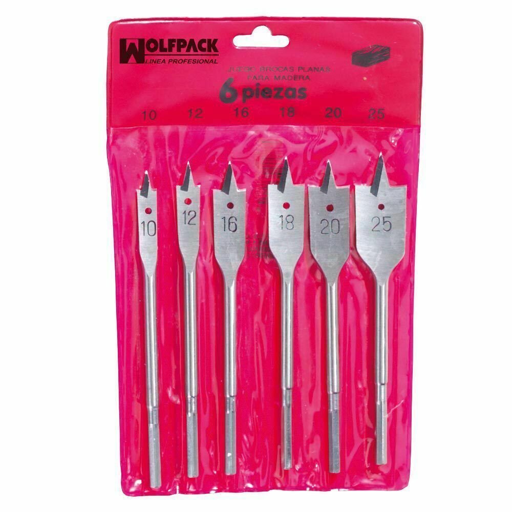 Juego Brocas Planas Madera 3 Puntas Wolfpack 6 Piezas
