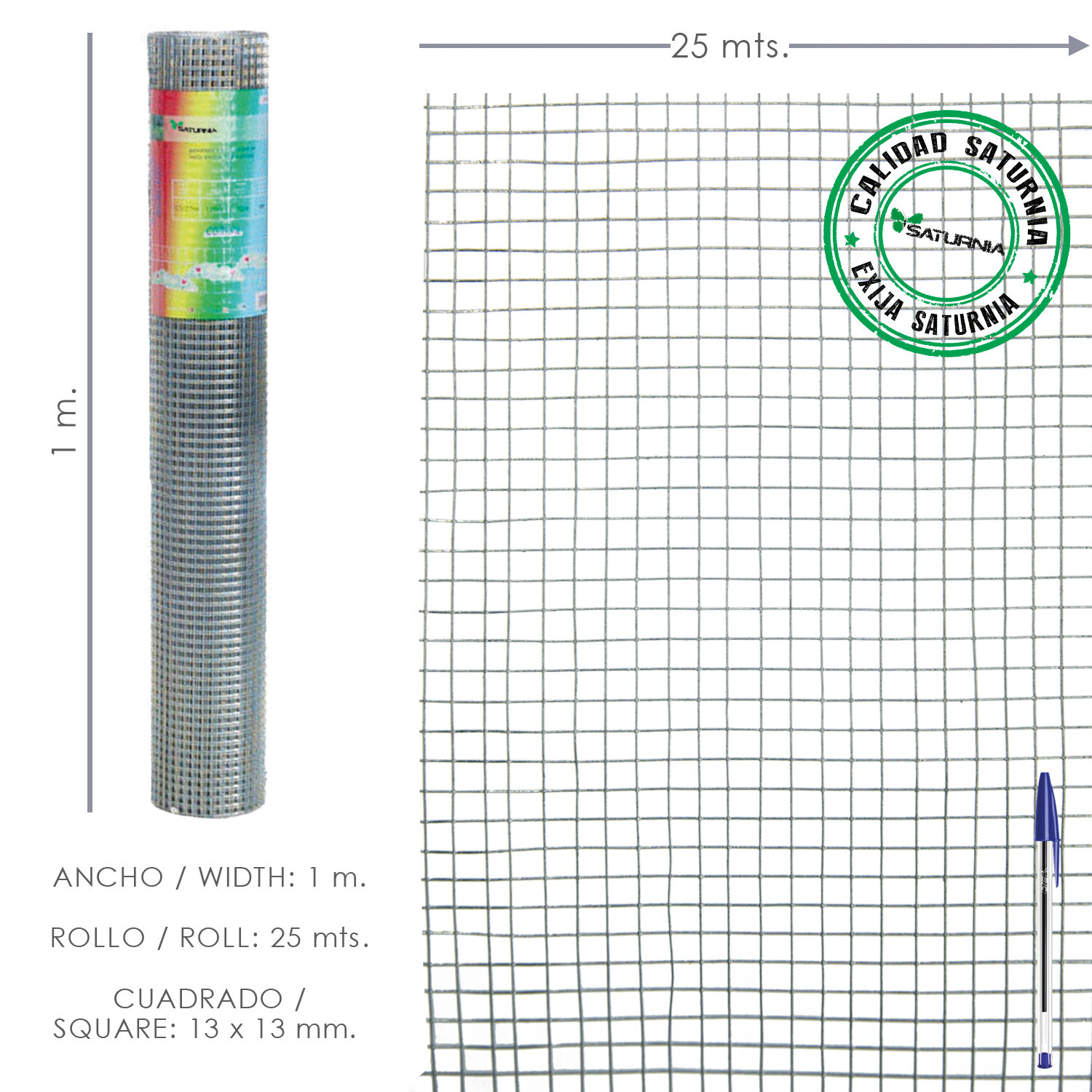 Malla Electrosoldada Galvanizada 13x13 / 100 cm. Rollo 25 Metros Uso Domestico