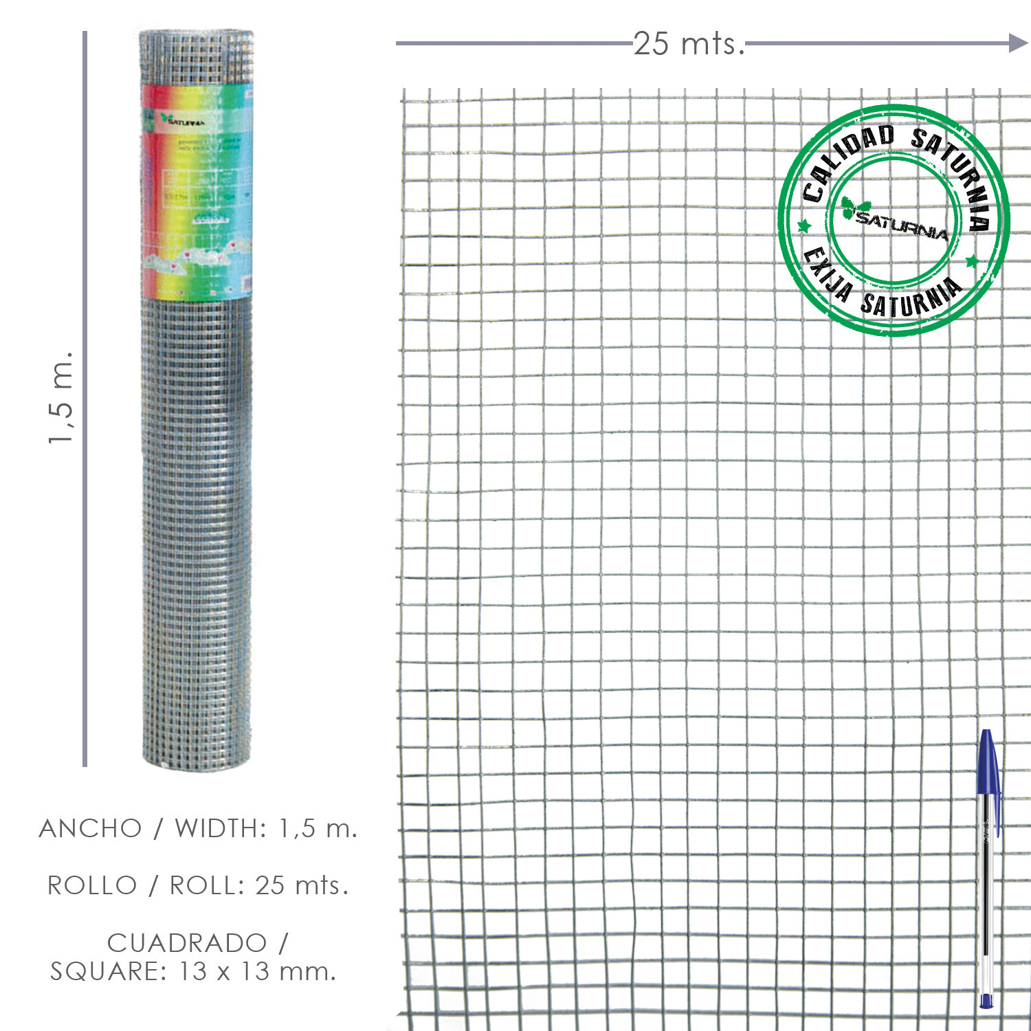Malla Electrosoldada Galvanizada 13x13 / 150 cm. Rollo 25 Metros Uso Domestico