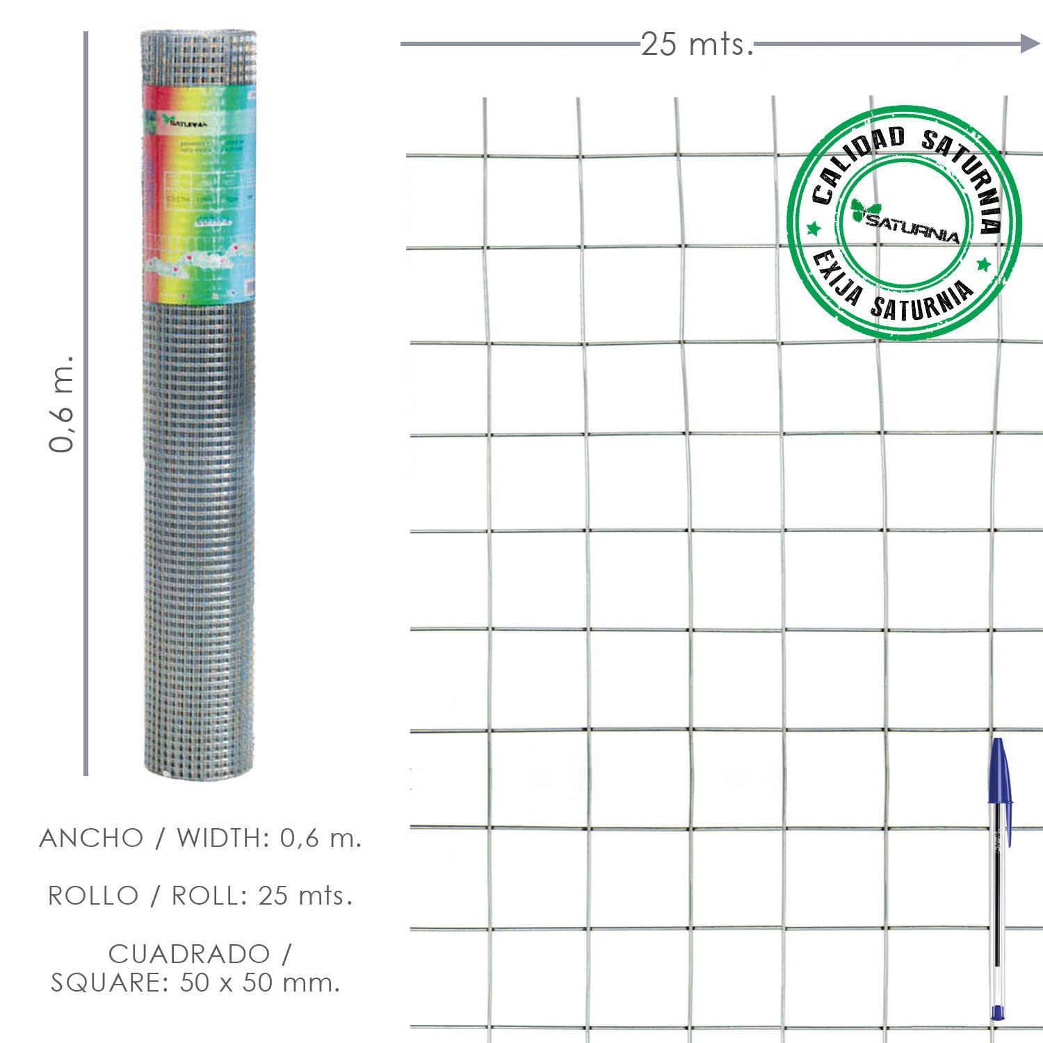Malla Electrosoldada Galvanizada 50x50 / 2,00 / 60 cm. GA Rollo 25 metros