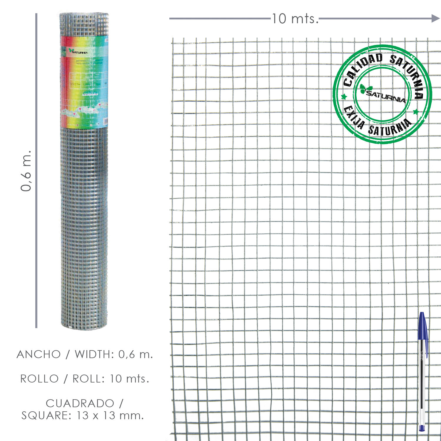 Malla Electrosoldada Ligera Galvanizada 13x13 Alto 60 cm. Rollo 10 Metros Uso Domestico