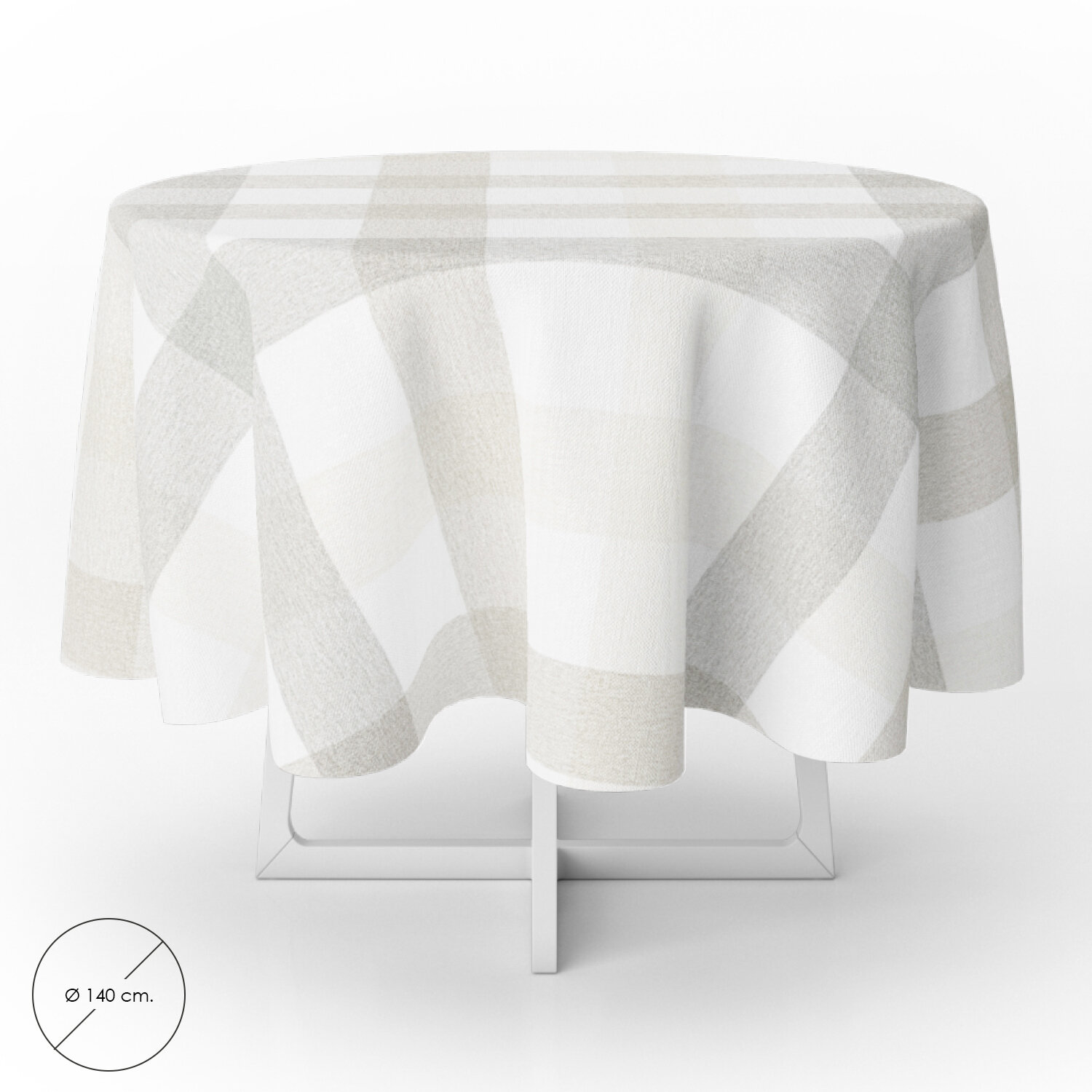 Mantel Hule Redondo Cuadros Beige Impermeable Antimanchas PVC � 140 cm. Uso Interior y Exterior