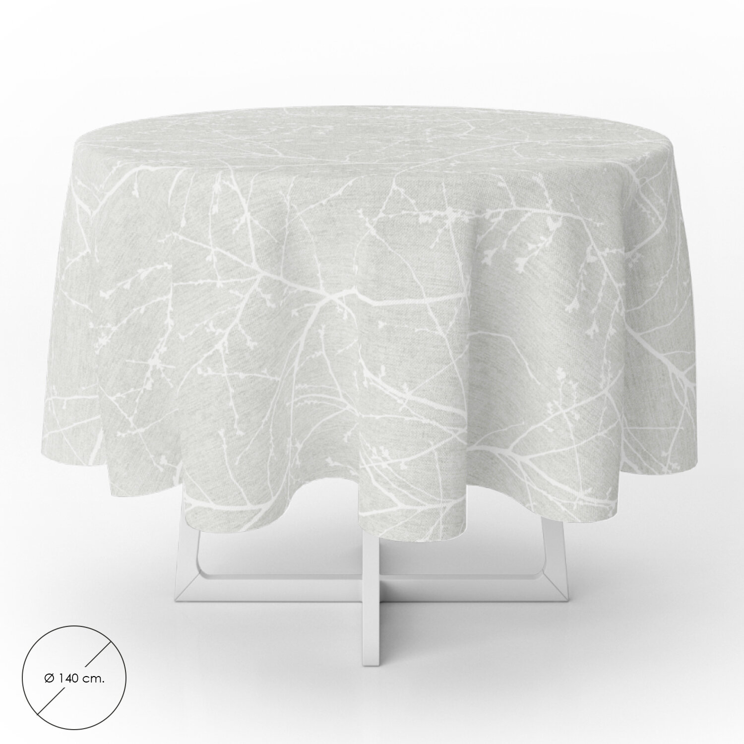 Mantel Hule Redondo Ramas Gris Impermeable Antimanchas PVC � 140 cm. Uso Interior y Exterior
