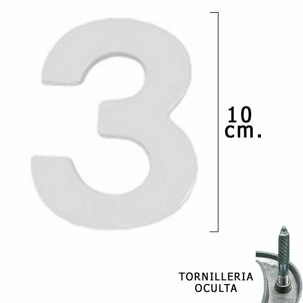 Numero Metal "3" Plateado Mate 10 cm. con Tornilleria Oculta (Blister 1 Pieza)