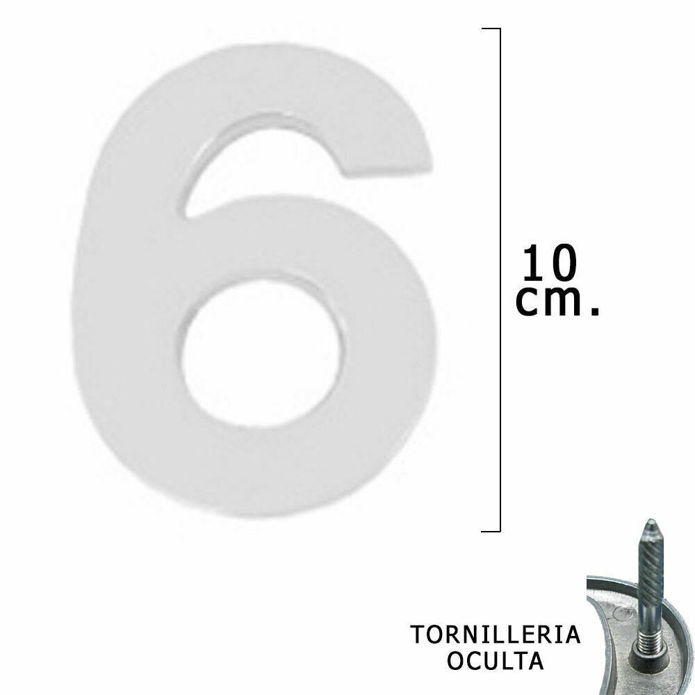 Numero Metal "6" Plateado Mate 10 cm. con Tornilleria Oculta (Blister 1 Pieza)
