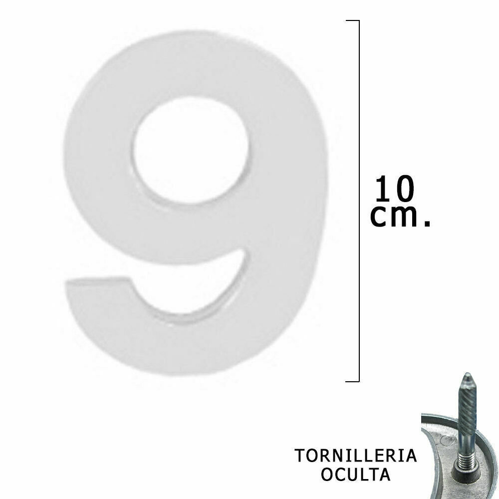 Numero Metal "9" Plateado Mate 10 cm. con Tornilleria Oculta (Blister 1 Pieza)