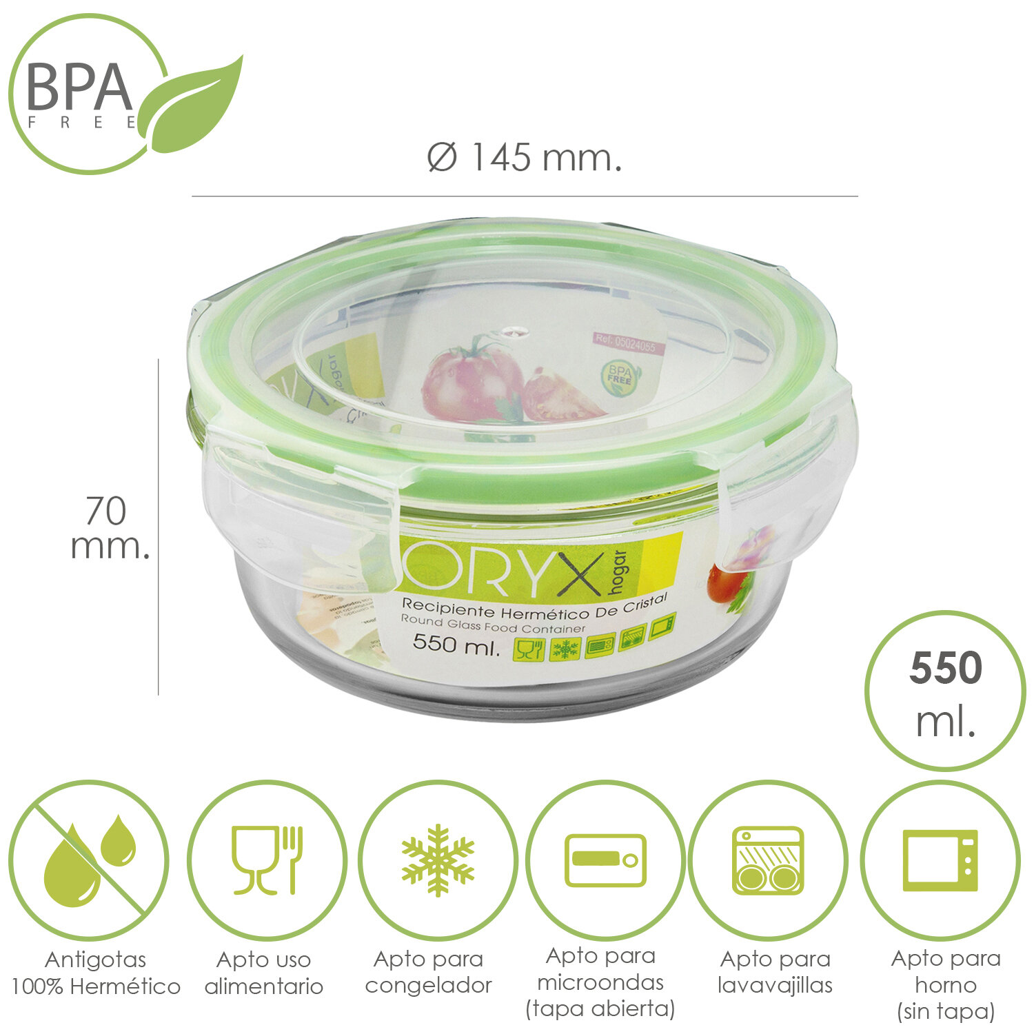 Recipiente Hermetico Cristal Redondo 550 ml. � 145 x 7 (alt) cm.