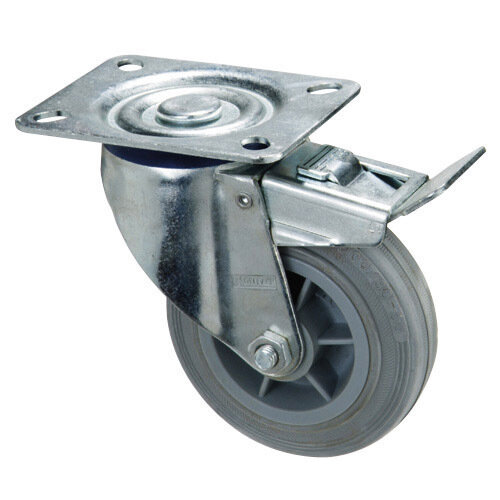 Rueda Industrial Goma Gris Placa con freno 100 mm.