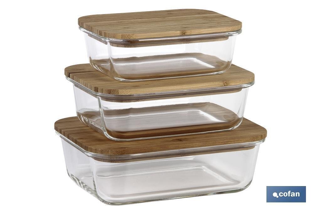 SET DE 3 RECIPIENTES DE BOROSILICATO CON TAPA DE BAMB� MODELO PANDA 640 ML-1040 ML -1520 ML