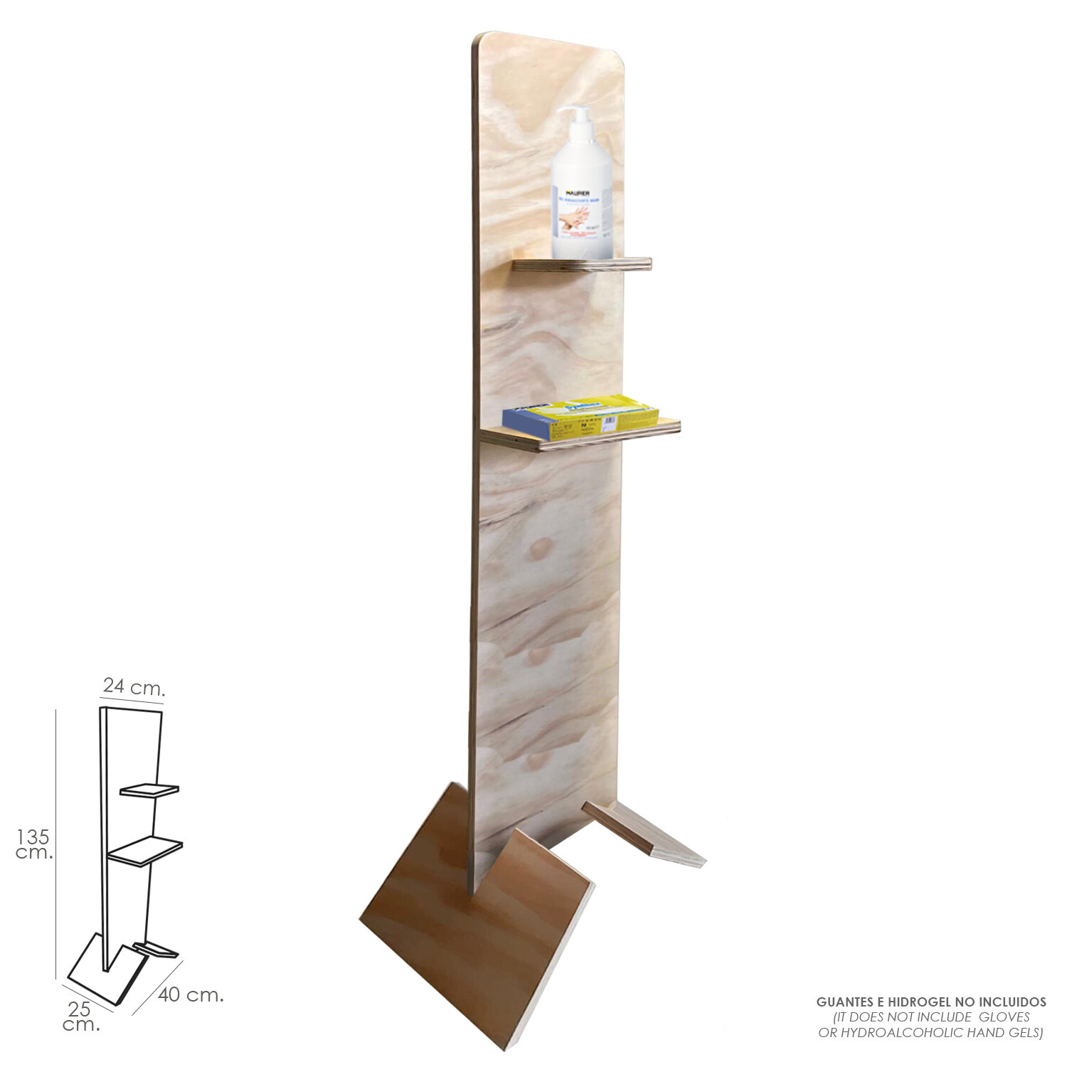 Soporte Madera Contrachapada Con Baldas Para Gel y Guantes. Altura Total 135 cm.