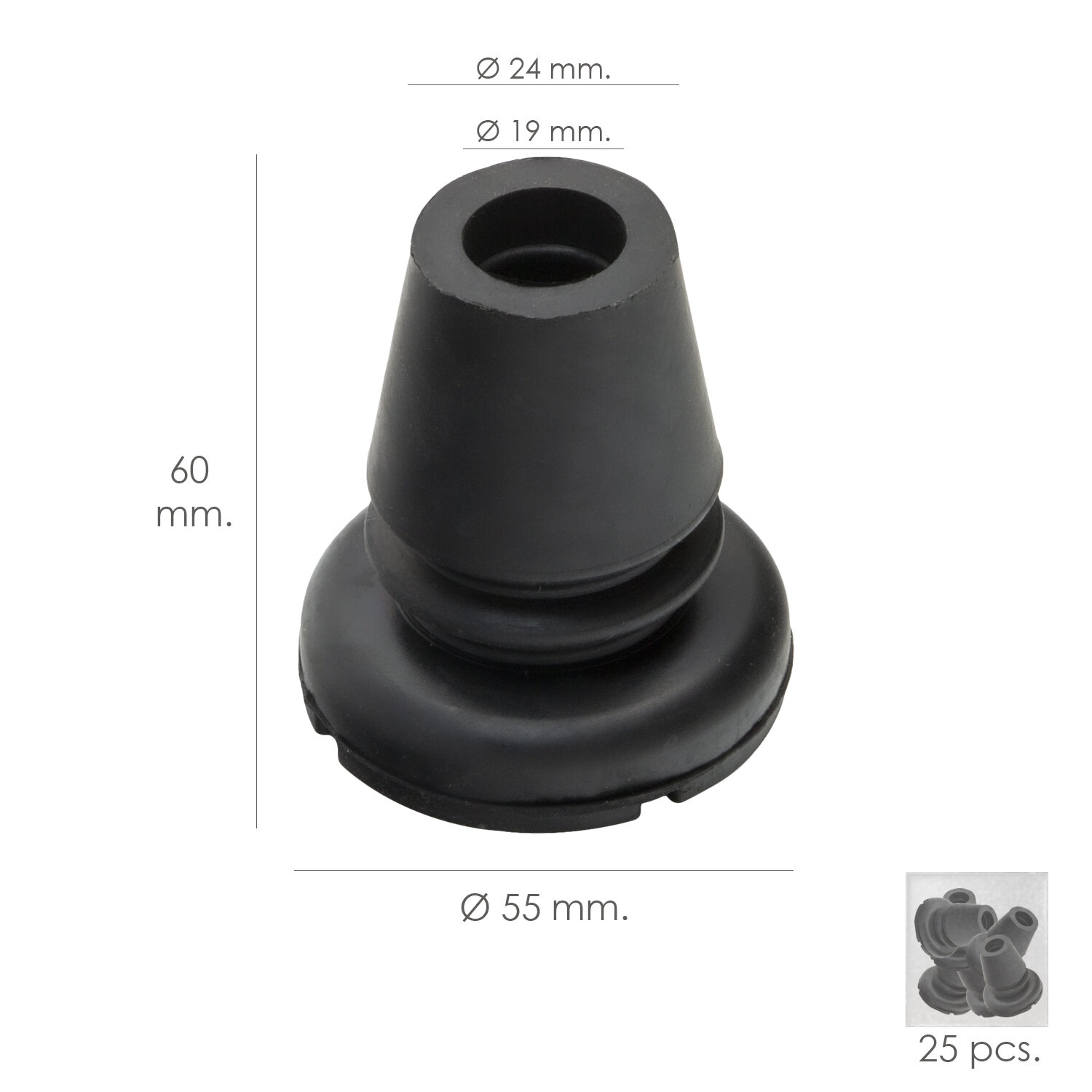 Taco Goma Baston Negro Tubo � 19 mm. / Base � 55 mm. Tipo Fuelle Bolsa 25 Unidades