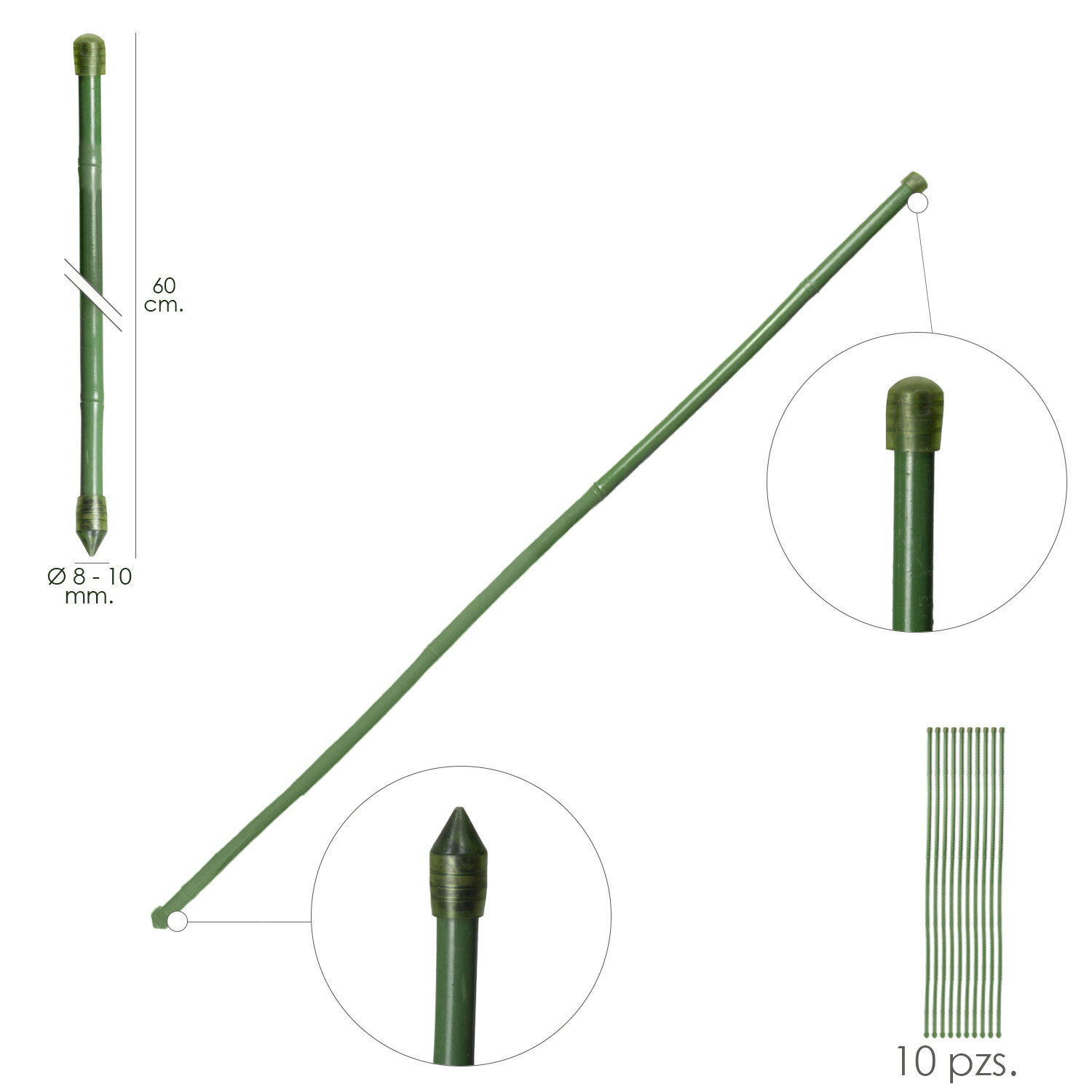 Tutor Varilla Bamb� Plastificado �  8  - 10 mm. x  60 cm. (Paquete 10 Unidades)