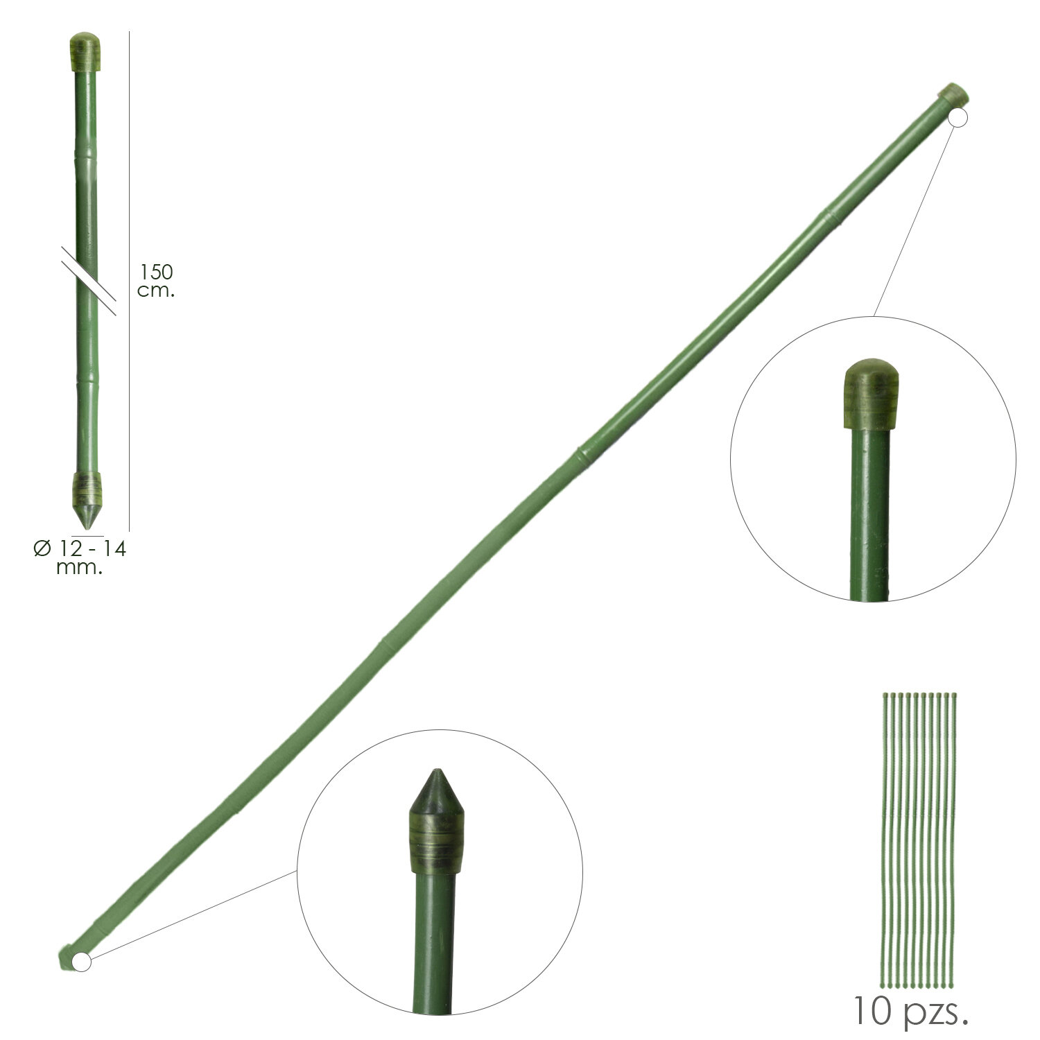Tutor Varilla Bamb� Plastificado � 12  - 14 mm. x   150 cm. (Paquete 10 Unidades)