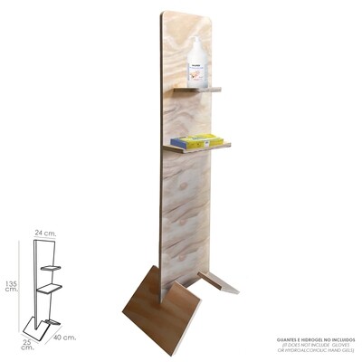 Soporte Madera Contrachapada Con Baldas Para Gel y Guantes. Altura Total 135 cm.