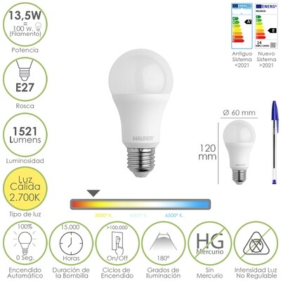 Bombilla Led Estandar Rosca E27. 13,5 Watt. Equivale A 100 Watt. 1521 Lumenes. Luz Calida (3000 K.)