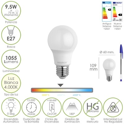 Bombilla Led Estandar Rosca E27. 9.5 Watt. Equivale A 75 Watt. 1055 Lumenes. Luz Neutra (4000 K.)
