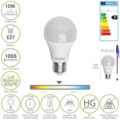 Bombilla Led Standar Rosca E27 (Gorda) 10 Watt. Equivalente a 75 Watt. 1055 Lumenes. Luz Blanca (4.000� K) A+