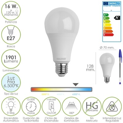 Bombilla Led Standar Rosca E27 (Gorda) 16 Watt. Equivale a 120 Watt. 1901 Lumenes. Luz Fr�a (6.500� K)