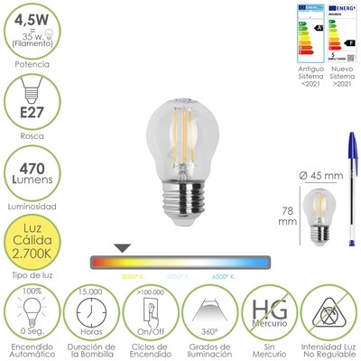 Bombilla Led Filamento Globo Rosca E27. 4,5 Watt. Equivale A 35 Watt. 470 Lumenes. Luz Calida 2700 K.