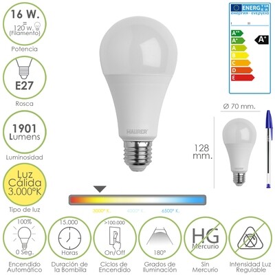 Bombilla Led Standar Rosca E27 (Gorda) 16 Watt. Equivale a 120 Watt. 1901 Lumenes. Luz c�lida (3.000� K) A+
