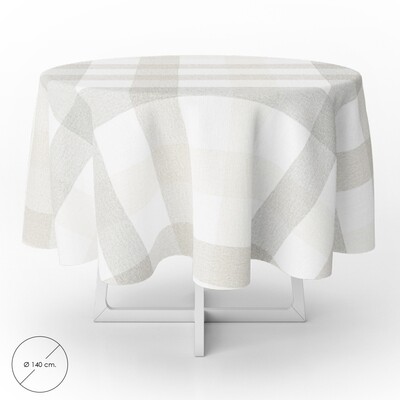 Mantel Hule Redondo Cuadros Beige Impermeable Antimanchas PVC � 140 cm. Uso Interior y Exterior