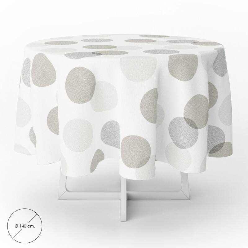 Mantel Hule Redondo Circulos Beige Impermeable Antimanchas PVC � 140 cm. Uso Interior y Exterior