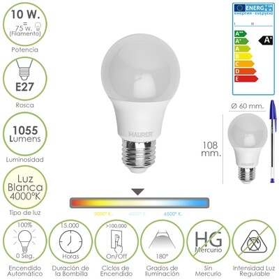 Bombilla Led Standar Rosca E27 (Gorda) 10 Watt. Equivale a 75 Watt. 1055 Lumenes. Luz blanca (4000� K) A+
