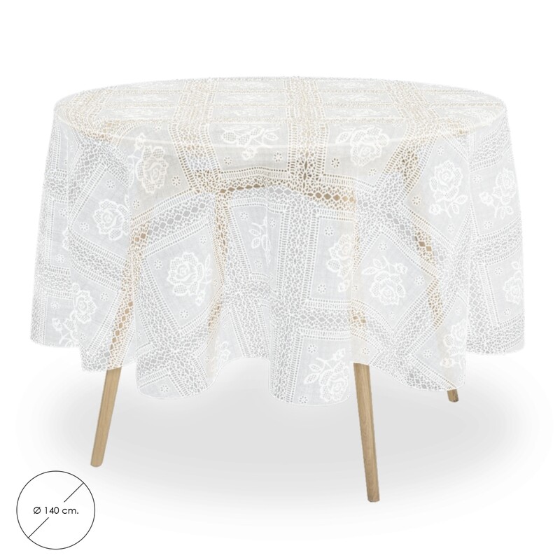 Mantel Hule Redondo Bordados Transparente Impermeable Antimanchas PVC � 140 cm. Uso Interior y Exterior