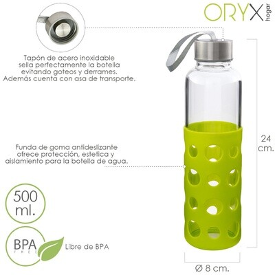 Botella Agua de Cristal, Capacidad De 360 ML. Libre BPA, Con Funda Goma y Tapon Antigotas