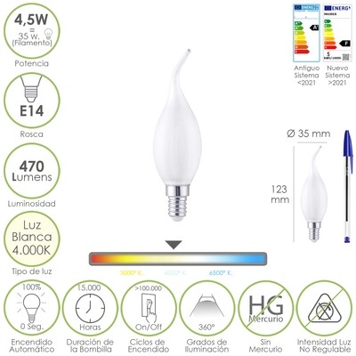 Bombilla Led Filamento Vela Llama Esmerilada E14. 4,5 Watt. Equivale A 35 Watt. 470 Lumenes. Luz Neutra 4000 K.