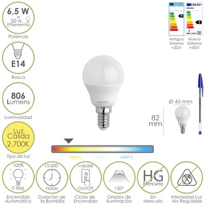 Bombilla Led Esfera Rosca E14. 6.5 Watt. Equivale A 50 Watt. 806 Lumenes. Luz Calida 2700 K.
