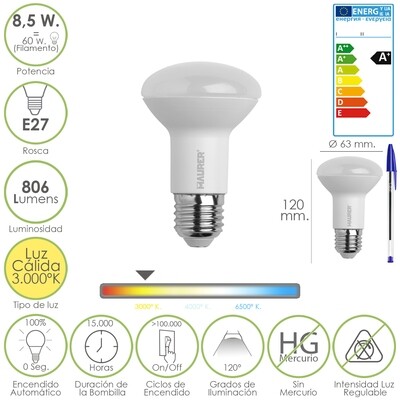 Bombilla Led Standar Rosca E27 (Gorda) 8,5 Watt. Equivale a 60 Watt. 806 Lumenes. Luz c�lida (3.000� K) A+