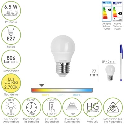 Bombilla Led Esfera Rosca E27. 6.5 Watt. Equivale A 50 Watt. 806 Lumenes. Luz Calida 3000 K.