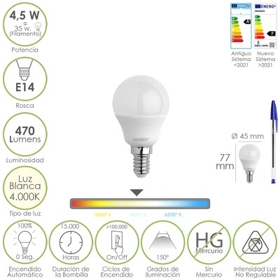 Bombilla Led Esferica Rosca E14 4.5 Watt. Equivale A 35 Watt. 470 Lumenes. Luz Neutra (4000 K)