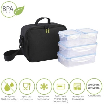 Bolsa Termica Con 4 Recipientes Hermeticos Plastico (2x800 ml + 2x400 ml.)