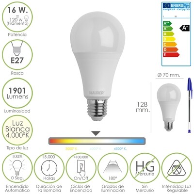 Bombilla Led Standar Rosca E27 (Gorda) 16 Watt. Equivale a 120 Watt. 1901 Lumenes. Luz Blanca (4.000� K) A+