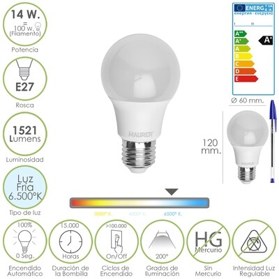 Bombilla Led Standar Rosca E27 (Gorda) 14 Watt. Equivale a 100 Watt. 1521 Lumenes. Luz fr�a (6.500� K) A+