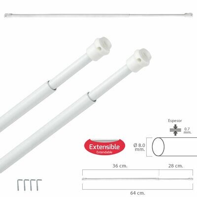 Barra Visillo Extensible 36/64 cm. con Muelle Presion, Soportes y Ventosas (2 Piezas)