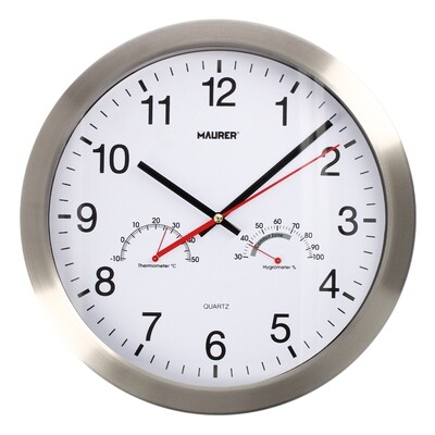 Reloj De Pared � 30 cm. Con Higrometro y Termometro. Frontal En Acero