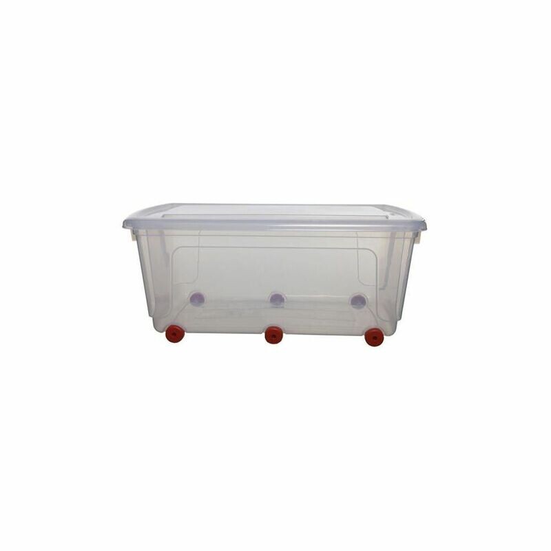 Caja de almacenamiento de plástico con ruedas y tapa apilable transparente 70 l